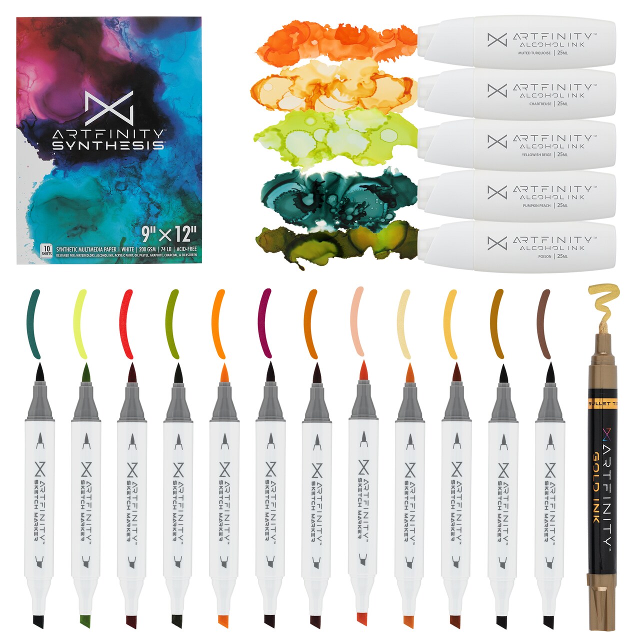 Artfinity Alcohol Ink - Peaches Set, 19 Pieces | 10 Sheets 9x12" Multimedia Paper | Fast-Drying, Permanent, Transparent Alcohol Inks for Gloss Paper, Glass, Metal | 25 ml Bottles, Dual Tip Pens